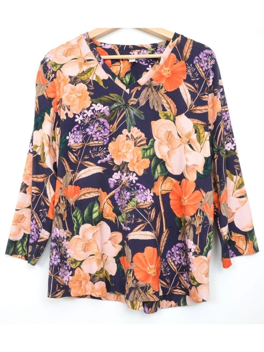 Chico's Women's 3 XL 100% Pima Cotton Floral 3/4 Sleeve V-Neck Tee T-Shirt Tunic